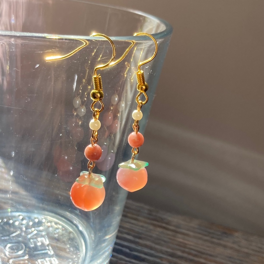Carved Agate Peach Drop Earrings